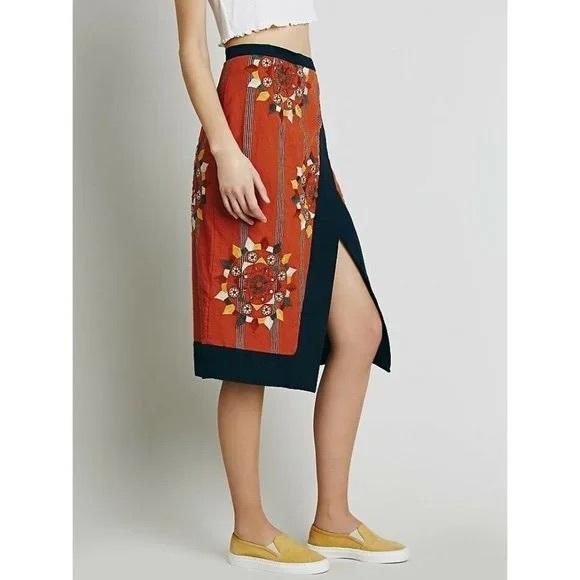 FREE PEOPLE SONGBIRD ASYMMETRICAL WRAP MIDI EMBROIDERED SKIRT RUST - NWOT - Picture 7 of 7